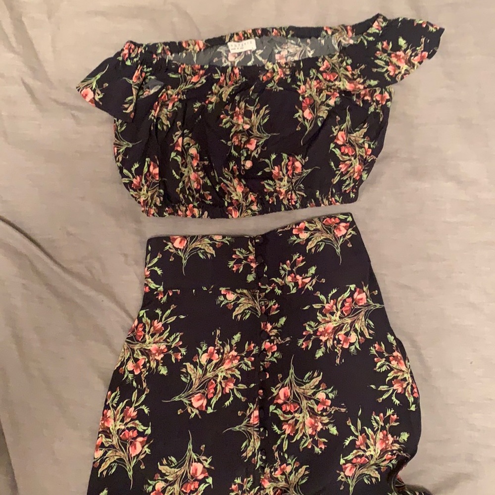 Flynn Skye long skirt with matching cropped off the shoulder shirt
